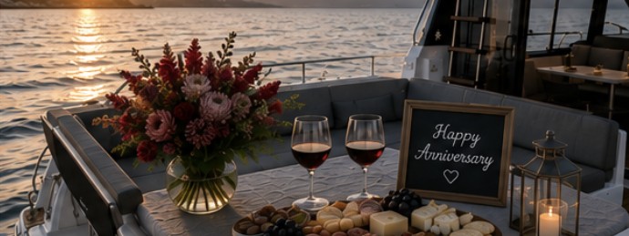 Happy anniversary setup with roses, wine, and charcuterie on the yacht at sunset