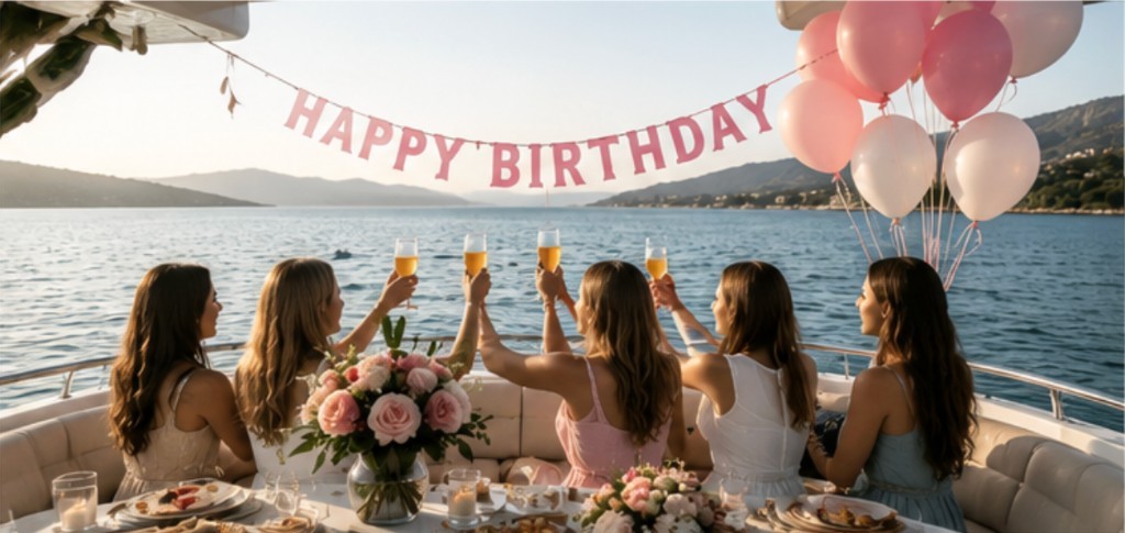 Birthday celebration on the yacht with balloons and champagne