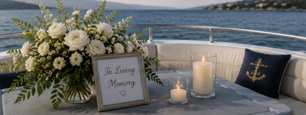 In loving memory memorial setup with flowers and candles on the yacht