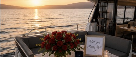 Will you marry me proposal setup with roses, ring box, and sunset on the yacht